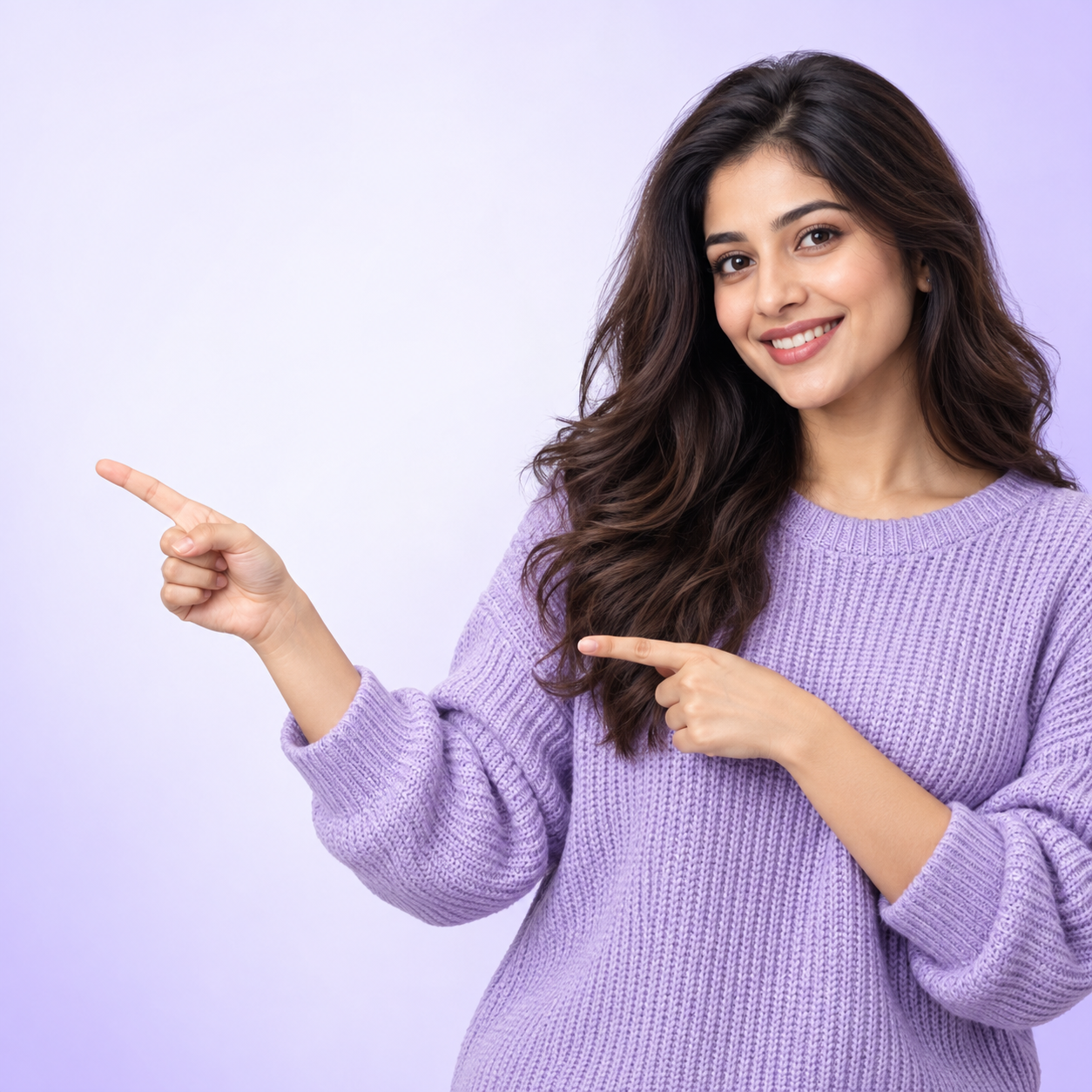 An AI-generated adult creator in a lavender sweater presenting the creator tools